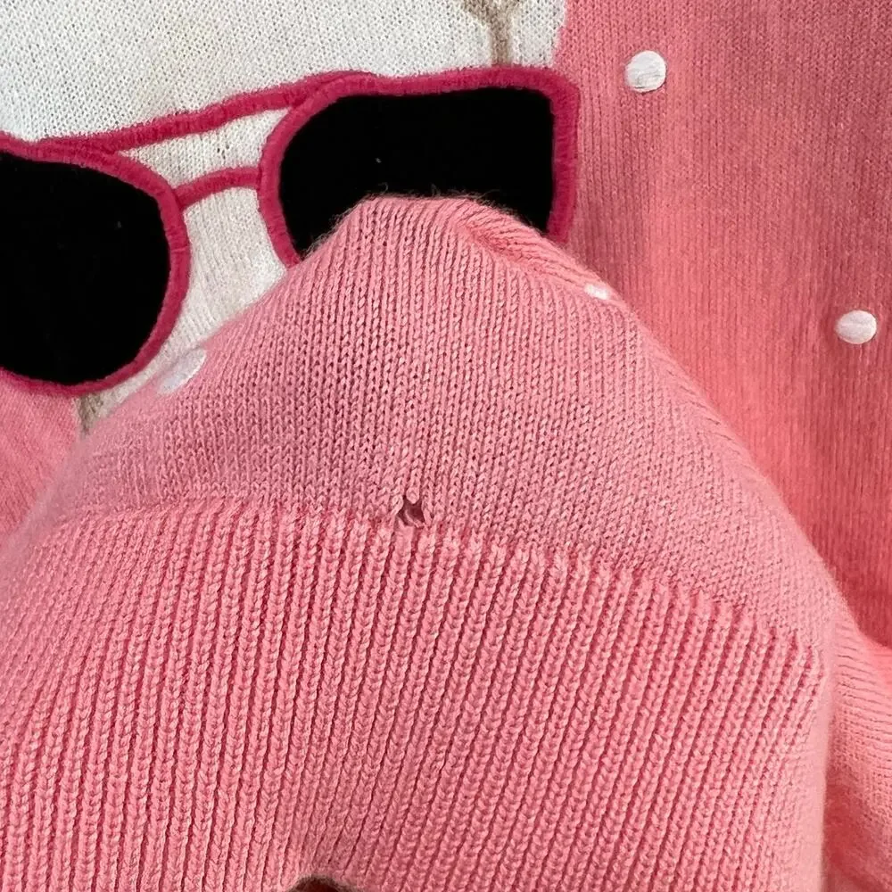 Talbots Sweater Womens M Pink Embroidered Novelty Dog Frenchie‎ Preppy Feminine